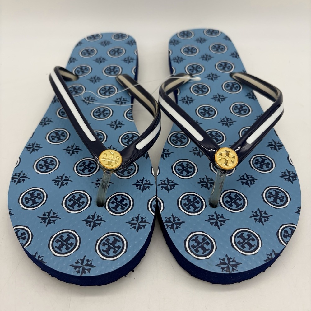 NEW Tory Burch Womens 8 Flip-Flop Coastline Blue Compass Logo Thong Sandal